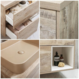 Homestylestore Light Oak 594mm Wall Hung Bathroom Vanity Unit Rectangular Sand Countertop Basin Open Shelf - thumbnail 2