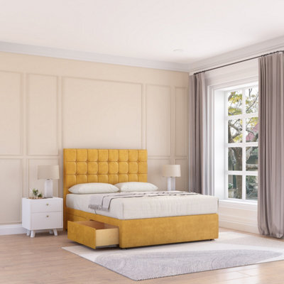 "Sloomy 4Ft Alabama Divan Bed Base Mustard Plush ,4 Drawers & 26"" Struts Headboard - Small Double" - image 1