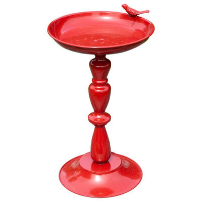Red Miniature Bird Bath - Weather Resistant Metal Colourful Outdoor Garden Wild Bird Water Bowl Station - H37X W21 X D23Cm - image 1