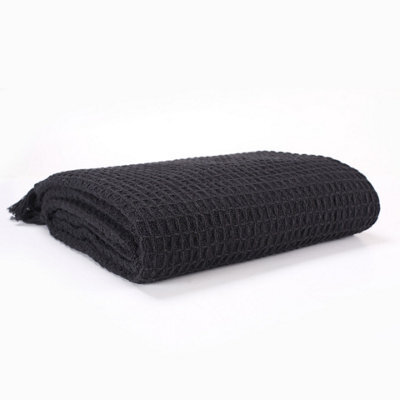 Ehc Waffle Throws For Sofa Armchair Blanket Single Bed Cover, 127 X 152Cm - Black - image 1