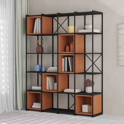 Decortie Modern Vale Maxi Bookcase Versatile Display Unit 5-Tier Metal Frame 6 Adjustable Shelf 18mm (Black Wood, Cinnamon) - image 1