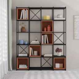 Decortie Modern Vale Maxi Bookcase Versatile Display Unit 5-Tier Metal Frame 6 Adjustable Shelf 18mm (Black Wood, Cinnamon) - thumbnail 4