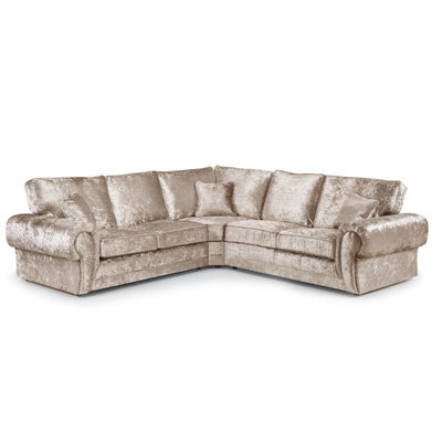Furnishings For Less UK Chelsea Mink Crushed Velvet 5 Seater Large Corner Sofa 2 Corner 2 Rolled Arms