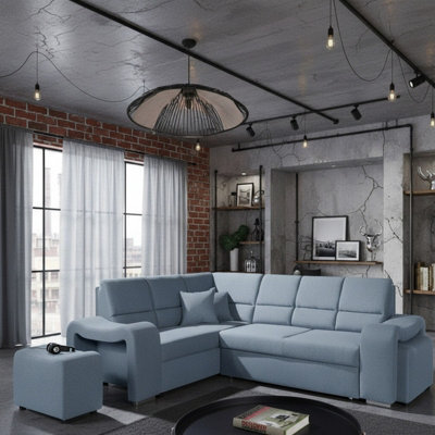 Wakiki Corner Sofa Bed With Two Ottomans Foam Wave Springs Wooden Frame Storage 260X96X190Cm Light Blue Left - image 1