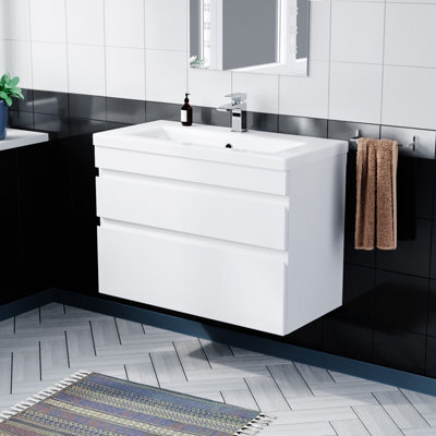 Nes Home 800mm Wall Hung Gloss White Basin Vanity Sink 2 Drawers - image 1