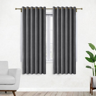 Bedlooms Charcoal Crushed Velvet Curtains Blackout Thermal Insulated Eyelet Curtain (Pair) 46 X 54 Inches With Tie Back Two - image 1