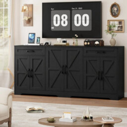 Black Sideboard, 180Cm Large Kitchen Sideboard With 6 Barn Doors & 2 Drawers Farmhouse - thumbnail 3