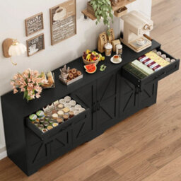 Black Sideboard, 180Cm Large Kitchen Sideboard With 6 Barn Doors & 2 Drawers Farmhouse - thumbnail 4
