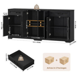 Black Sideboard, 180Cm Large Kitchen Sideboard With 6 Barn Doors & 2 Drawers Farmhouse - thumbnail 2