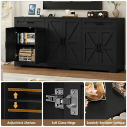 Black Sideboard, 180Cm Large Kitchen Sideboard With 6 Barn Doors & 2 Drawers Farmhouse - thumbnail 5