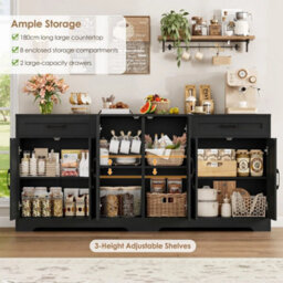 Black Sideboard, 180Cm Large Kitchen Sideboard With 6 Barn Doors & 2 Drawers Farmhouse - thumbnail 6