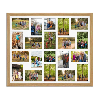 AK Frames 80X70Cm Light Oak Modern Multi Photo Frame With White Mount - Holds 20 Apertures (18X) 6X4, (2X) 4X4 Photos - image 1