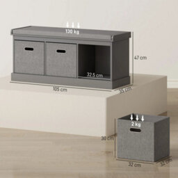 Shoe Bench With Seat, Shoe Storage Bench With Fabric Drawers, Grey - thumbnail 3