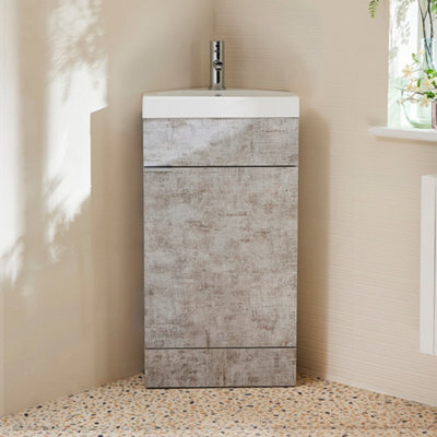 Homestylestore 450mm Concrete Grey Floorstanding Corner Bathroom Vanity Unit And Chrome Finger Pull Handle - image 1
