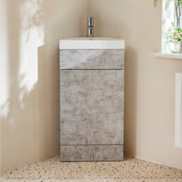 Homestylestore 450mm Concrete Grey Floorstanding Corner Bathroom Vanity Unit And Chrome Finger Pull Handle