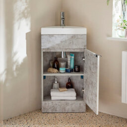 Homestylestore 450mm Concrete Grey Floorstanding Corner Bathroom Vanity Unit And Chrome Finger Pull Handle - thumbnail 2