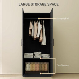 Homcom Wardrobe For Bedroom, Double Wardrobe With Hanging Rail, Black - thumbnail 4