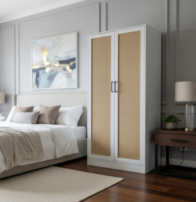 Home Treats 2 Door Wardrobe White Wooden Rattan Closet Shelves & Hanging Rail 170X 80 X 50 Cm - image 1