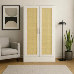 Home Treats 2 Door Wardrobe White Wooden Rattan Closet Shelves & Hanging Rail 170X 80 X 50 Cm - thumbnail 8