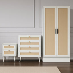 Home Treats 2 Door Wardrobe White Wooden Rattan Closet Shelves & Hanging Rail 170X 80 X 50 Cm - thumbnail 2