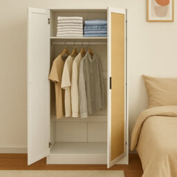 Home Treats 2 Door Wardrobe White Wooden Rattan Closet Shelves & Hanging Rail 170X 80 X 50 Cm - thumbnail 5