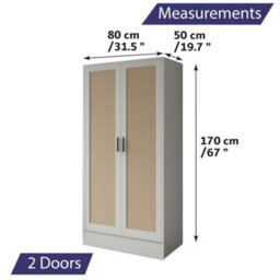 Home Treats 2 Door Wardrobe White Wooden Rattan Closet Shelves & Hanging Rail 170X 80 X 50 Cm - thumbnail 6