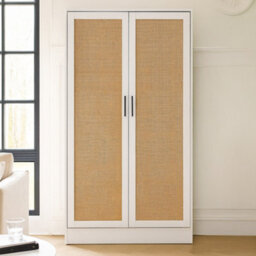 Home Treats 2 Door Wardrobe White Wooden Rattan Closet Shelves & Hanging Rail 170X 80 X 50 Cm - thumbnail 3