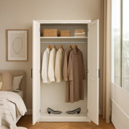 Home Treats 2 Door Wardrobe White Wooden Rattan Closet Shelves & Hanging Rail 170X 80 X 50 Cm - thumbnail 4