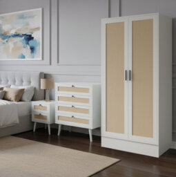 Home Treats 2 Door Wardrobe White Wooden Rattan Closet Shelves & Hanging Rail 170X 80 X 50 Cm - thumbnail 7