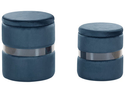 Beliani Velvet Storage Pouffes Set Of Two Light Blue Footstools With Metallic Band - Round Compact Design - image 1