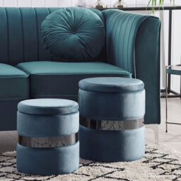 Beliani Velvet Storage Pouffes Set Of Two Light Blue Footstools With Metallic Band - Round Compact Design - thumbnail 2
