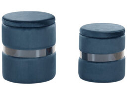 Beliani Velvet Storage Pouffes Set Of Two Light Blue Footstools With Metallic Band - Round Compact Design - thumbnail 1