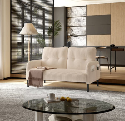Matteo Beige Corduroy Double Sofa With Integrated Storage Pockets - Ergonomic Comfort & Modern Style - image 1