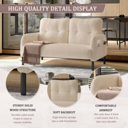 Matteo Beige Corduroy Double Sofa With Integrated Storage Pockets - Ergonomic Comfort & Modern Style - thumbnail 4