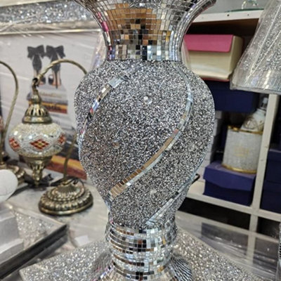 Biznest Vase Statue Sparkle Bling Crushed Diamond Gift Ornament Mirrored Flowering Pot Spiral Display 40Cm