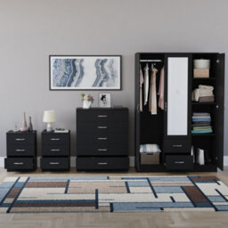 Lassic Vida Designs Riano 4 Piece Bedroom Set (3 Drawer Bedside Chest, 5 Drawer Chest, 3 Door 2 Drawer Mirrored Wardrobe), Black - thumbnail 2