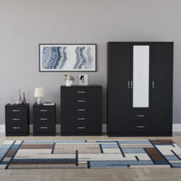 Lassic Vida Designs Riano 4 Piece Bedroom Set (3 Drawer Bedside Chest, 5 Drawer Chest, 3 Door 2 Drawer Mirrored Wardrobe), Black - thumbnail 7
