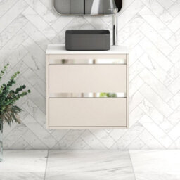 Royal Bathrooms Orion 600mm Warm Taupe Wall Hung Plain White Countertop Vanity Unit 2 Drawer With Art Square Basin & Chrome Accent Trim - thumbnail 1