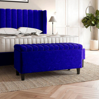 180Cm Lined Upholstered Ottoman Storage Box - Sapphire Blue Plush Velvet Blanket Storage Box With Wooden Legs - image 1
