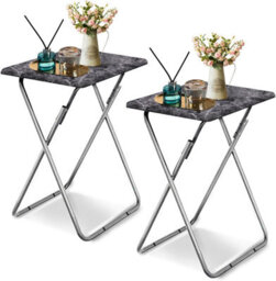 Huhote Folding Snack Table Small Spaces Side Table End Table Coffee Table Beside Table Outdoor Living Room Dark Marble Finish 2Pcs