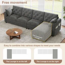 Merax L-Shaped Sectional Sofa, 4-Seater Corner Sofa With Reversible Storage Chaise & Magazine Pockets, Grey - thumbnail 8