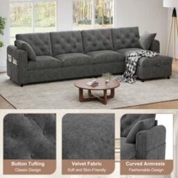 Merax L-Shaped Sectional Sofa, 4-Seater Corner Sofa With Reversible Storage Chaise & Magazine Pockets, Grey - thumbnail 7