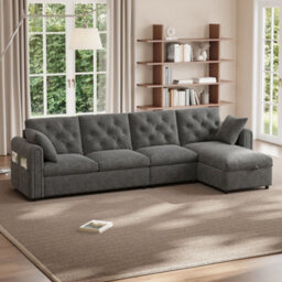 Merax L-Shaped Sectional Sofa, 4-Seater Corner Sofa With Reversible Storage Chaise & Magazine Pockets, Grey - thumbnail 3