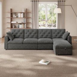 Merax L-Shaped Sectional Sofa, 4-Seater Corner Sofa With Reversible Storage Chaise & Magazine Pockets, Grey - thumbnail 2