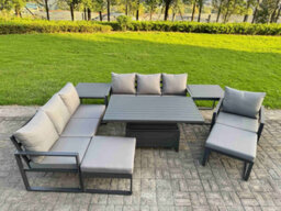 Fimous Garden Aluminium Furniture Set 9 Seater Adjustable Rising Lifting Dining Table With 2 Big Footstools 2 Side Table Dark Grey - thumbnail 1