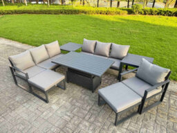 Fimous Garden Aluminium Furniture Set 9 Seater Adjustable Rising Lifting Dining Table With 2 Big Footstools 2 Side Table Dark Grey - thumbnail 2