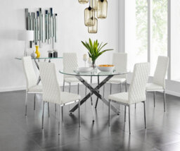 Furniturebox Novara Clear Tempered Glass 120Cm Round Dining Table With Chrome Starburst Legs & 6 White Milan Faux Leather Chairs - thumbnail 1