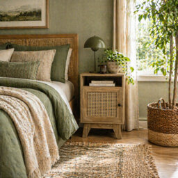 Wyld Haus Vini Raba Compact Natural Wood-Effect Bedside Table With Rattan Drawer And Door 39W X 35D X 60H Cm - thumbnail 1