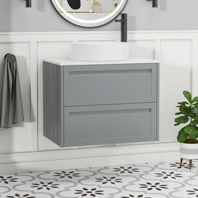 Royal Bathrooms Royal Bathroom Elmore 700mm Matt Pebble Grey Wall Mounted Bathroom Vanity Unit 2 Drawer Plain White Worktop With Art Basin - image 1