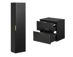 Impact Furniture Bathroom Furniture Set Black Wall Hung Vanity With Drawers 600mm Countertop And Tall Cabinet Ribbed Fluted Adel - thumbnail 2